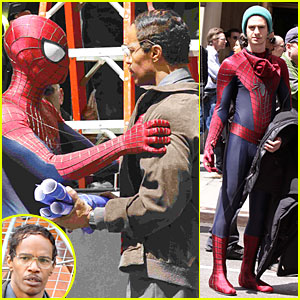 Andrew Garfield e Jamie Foxx nas filmagens do Espetacular Homem-Aranha 2